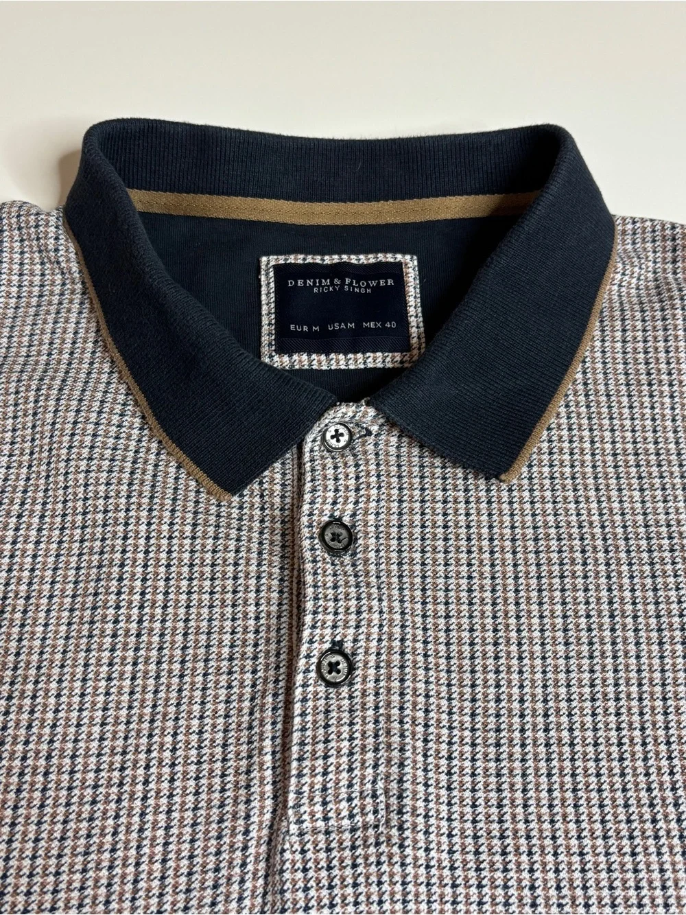 Denim & Flower Ricky Singh Preppy Mod Houndstooth Polo Shirt M - Picture 3 of 10